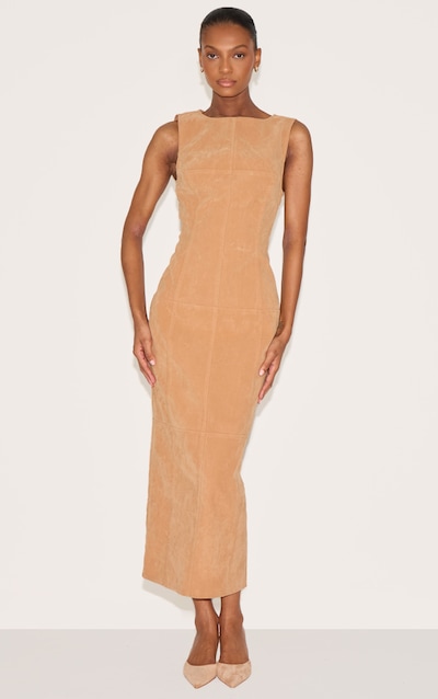 Butter Yellow Faux Suede Boat Neck Backless Maxi Dress