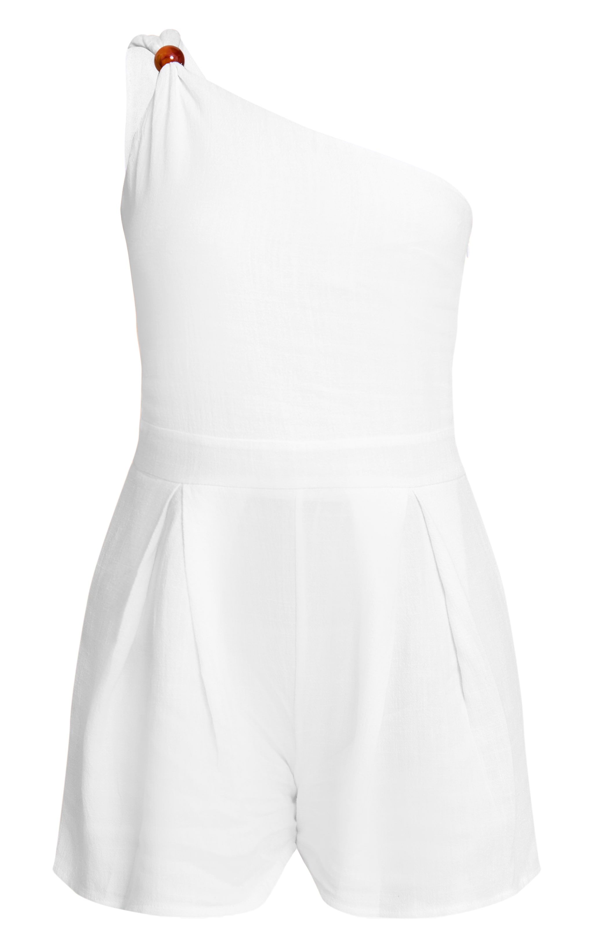 White Linen Look Bead Detail One Shoulder Romper | Jumpsuits