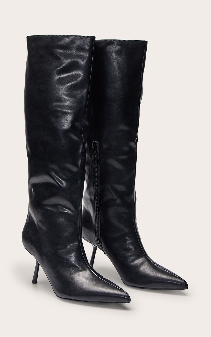 Black PU Point Toe Stiletto Knee High Boots image 3
