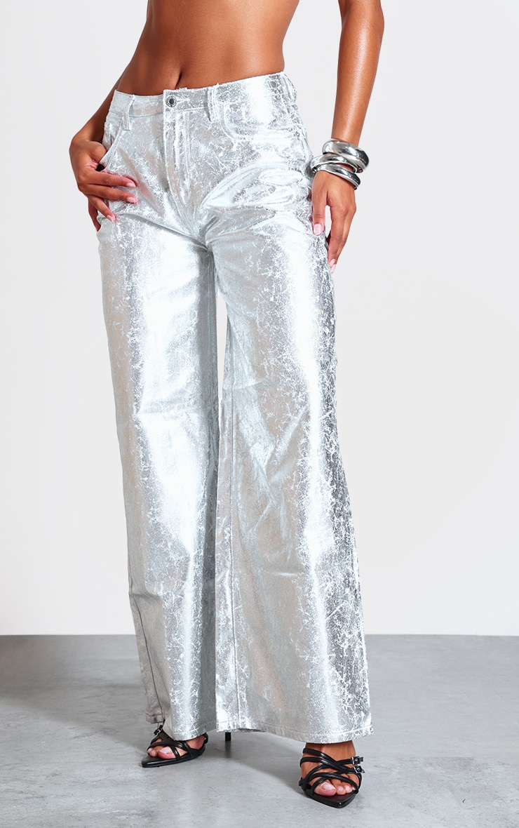 Silver Coated Crackle Effect Denim Wide Leg Jeans image 2