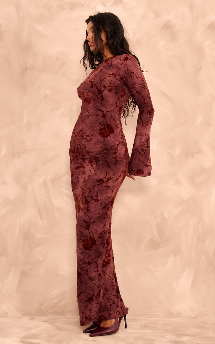 Burgundy Floral Devore Long Sleeve Maxi Dress image 3