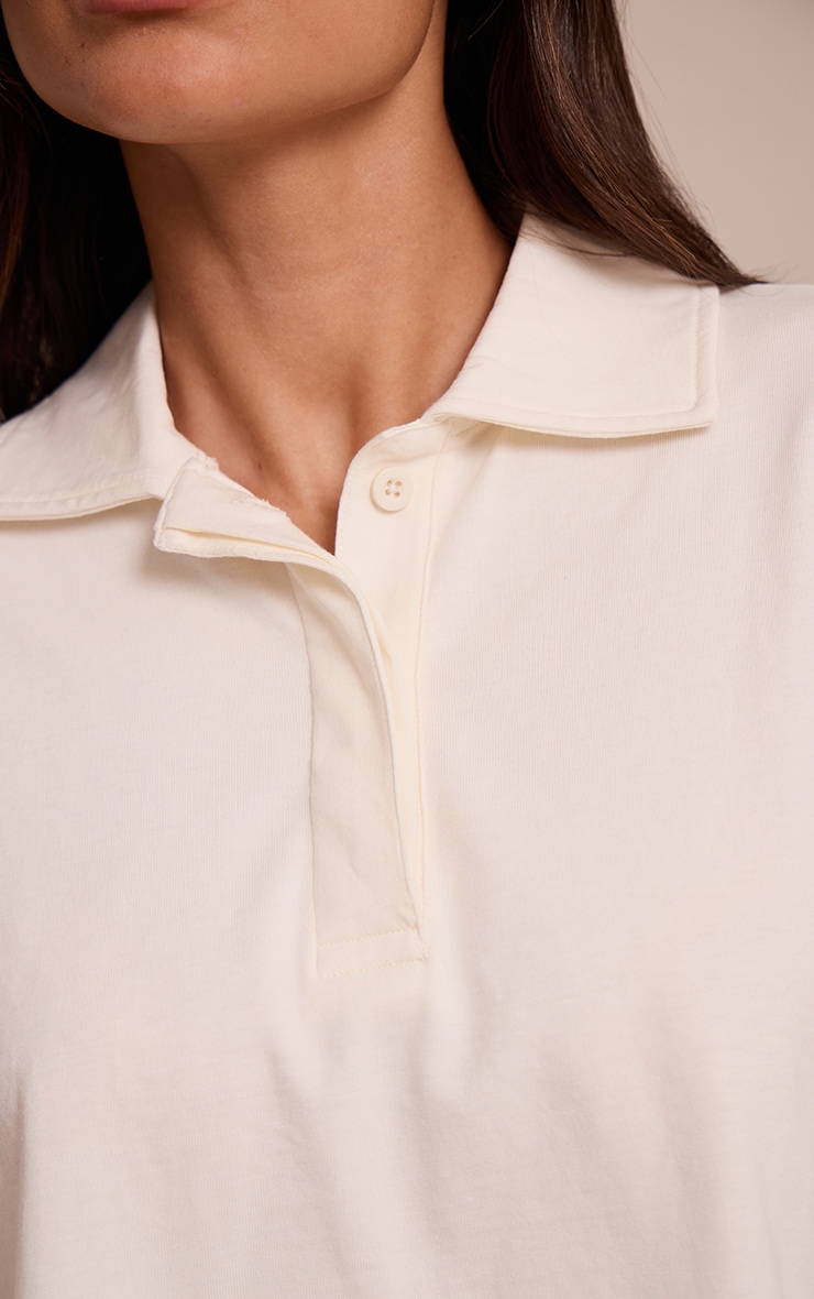 Cream Cotton Polo Collar Long Sleeve Cropped Top image 4