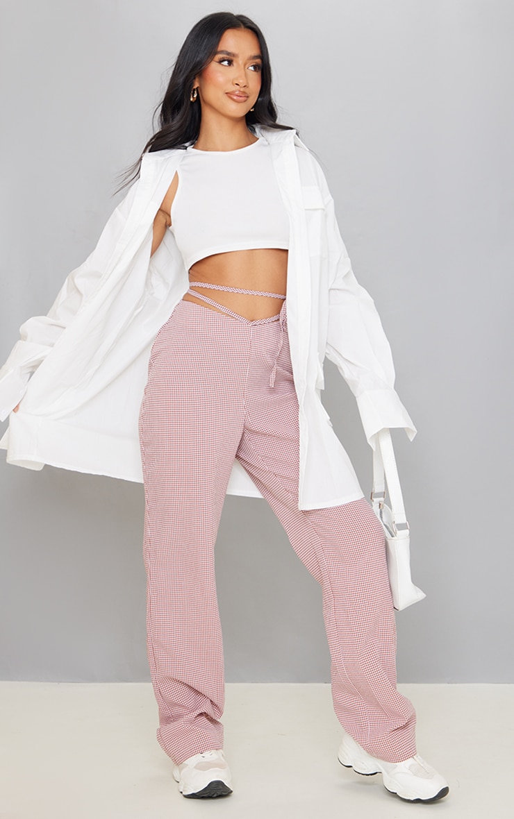 Petite Brown Gingham Cut Out Waist Trousers PrettyLittleThing IRE
