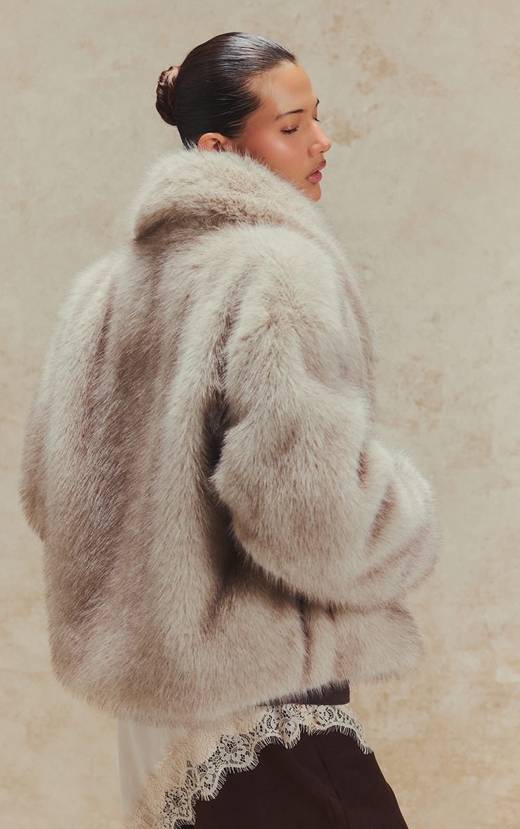 Cream Faux Fur Short Shawl Collar Coat image 2
