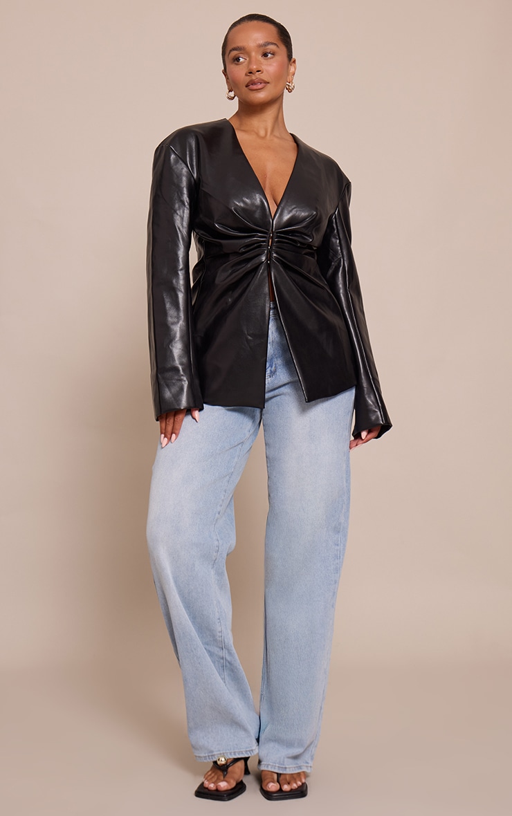 Shape Black Faux Leather Ruched Front Blazer image 3