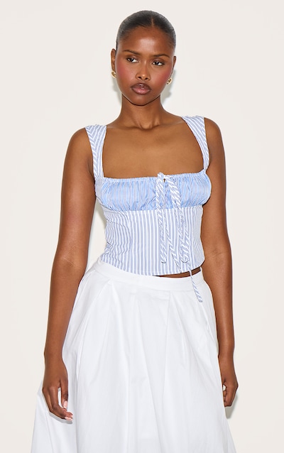 Crop top en coton bleu ciel à rayures et partie contrastante