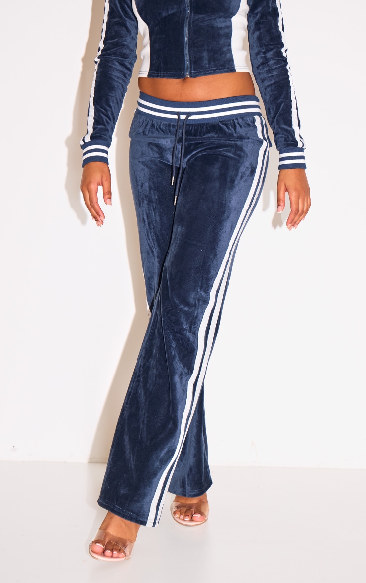 Navy Straight Leg Velvet Track Pants image 2