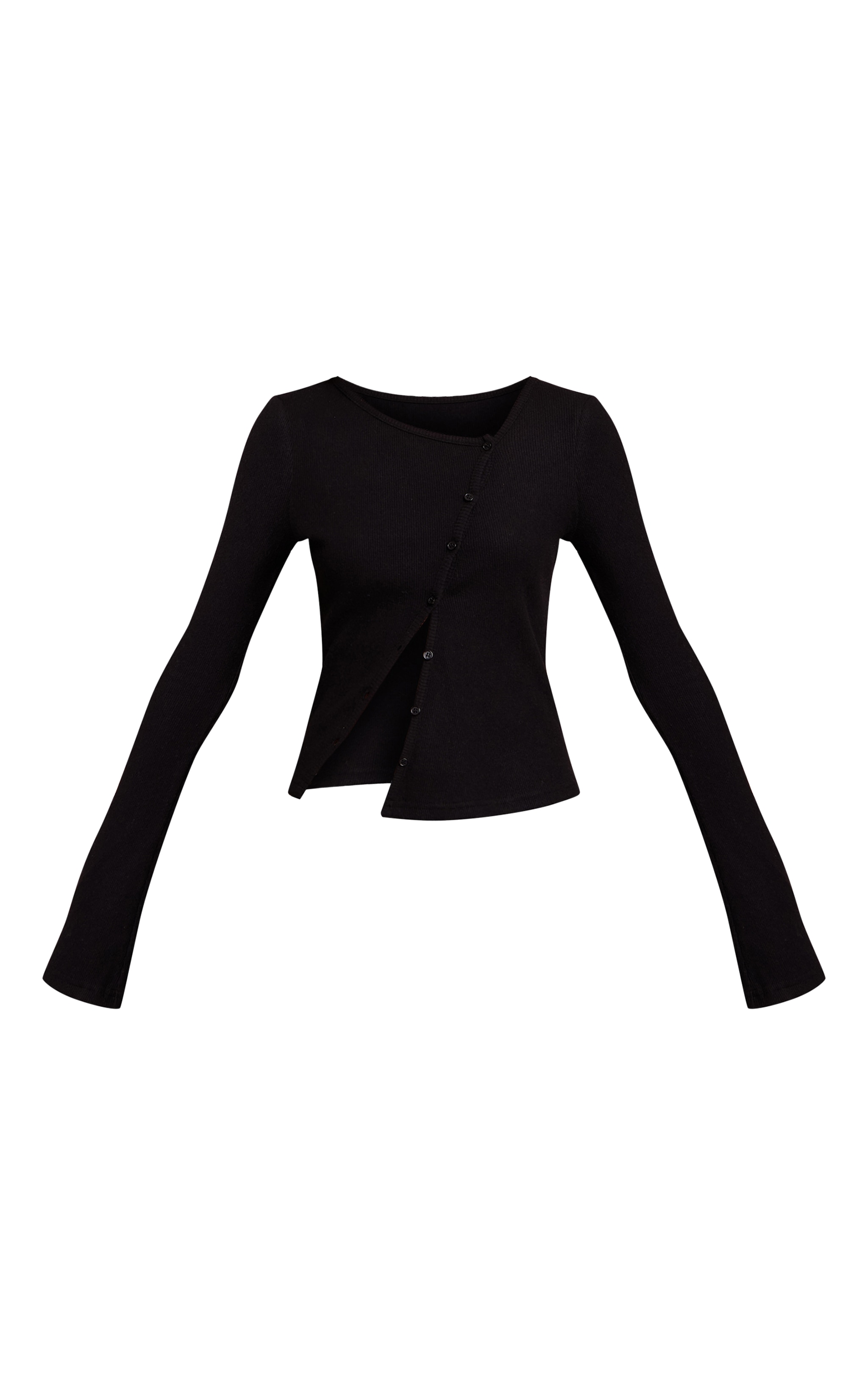 Black Heavy Brushed Rib Asymmetric Button Long Top image 5