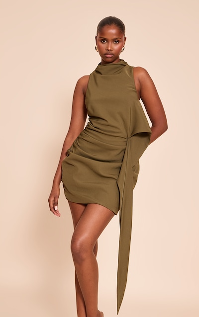 Olive Woven High Neck Drape Mini dress
