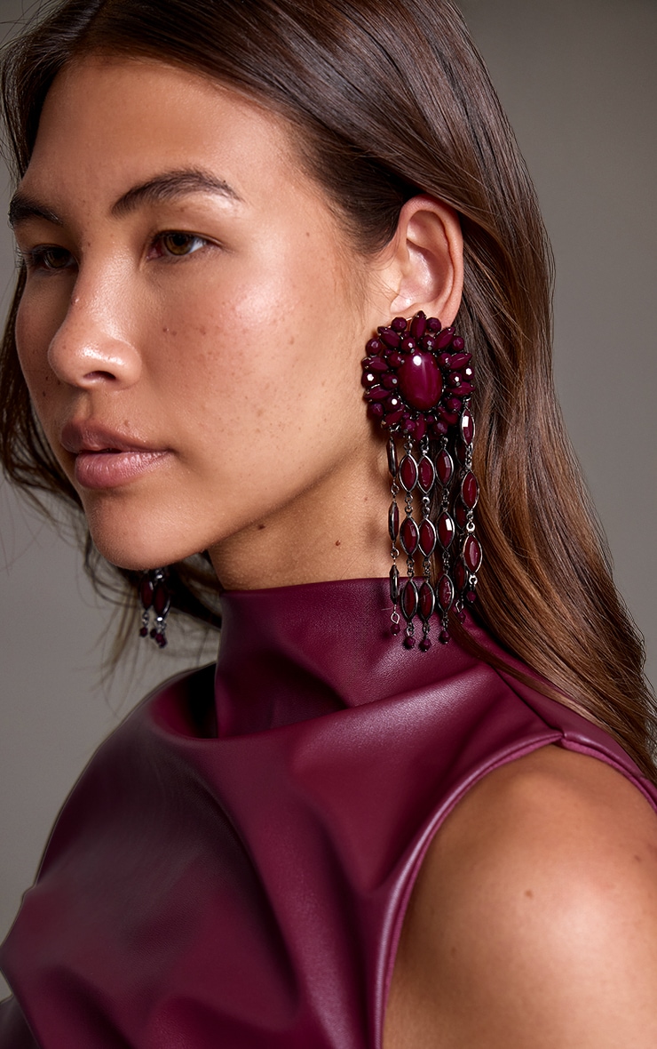 Burgundy Resin Bead Drape Statement Earrings image 1