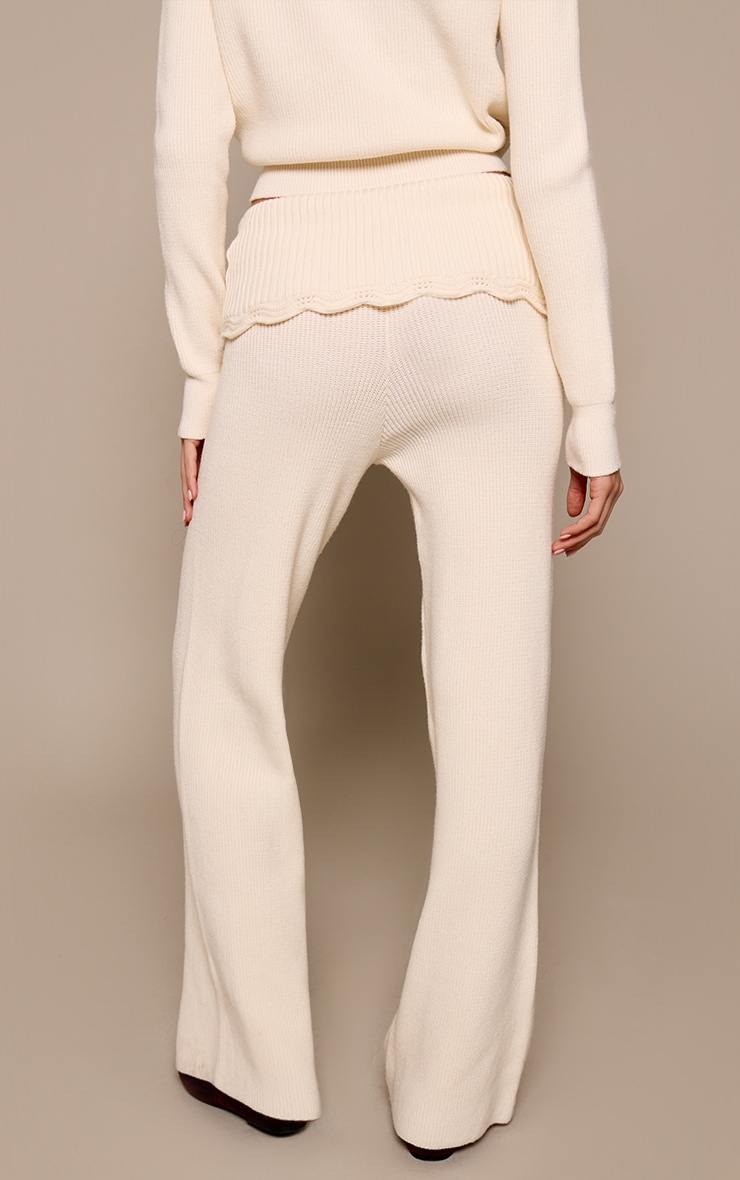 Cream Crochet Hem Foldover Waistband Knitted Wide Leg Pants  image 3