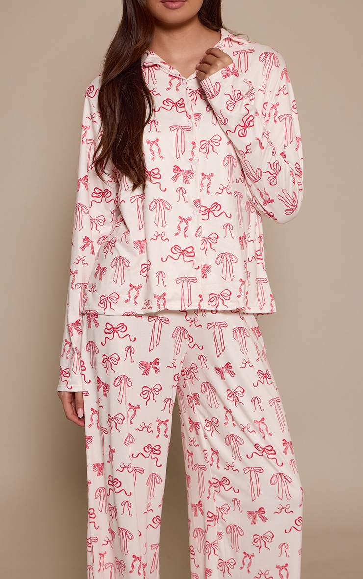 Cream Pink Bow Print Long Sleeve Button Through Pj Set image 4