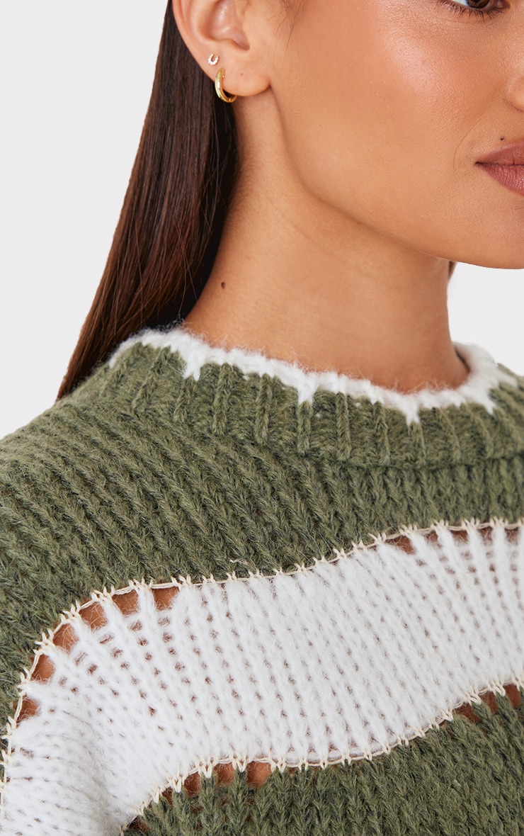 Khaki Stripe Distressed Detail Chunky Knit Jumper image 4