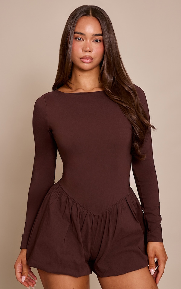 Chocolate Stretch Woven Puffball Skort Romper