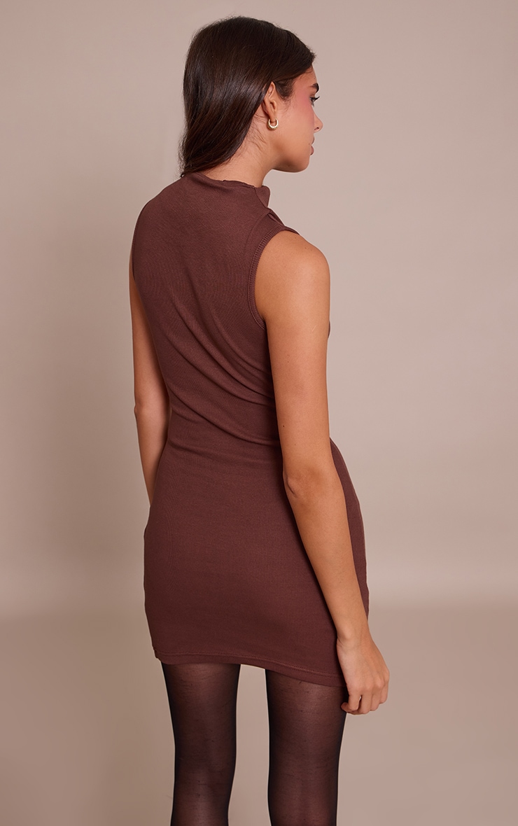 Chocolate Ribbed High Neck Sleeveless Bodycon Dress image 2
