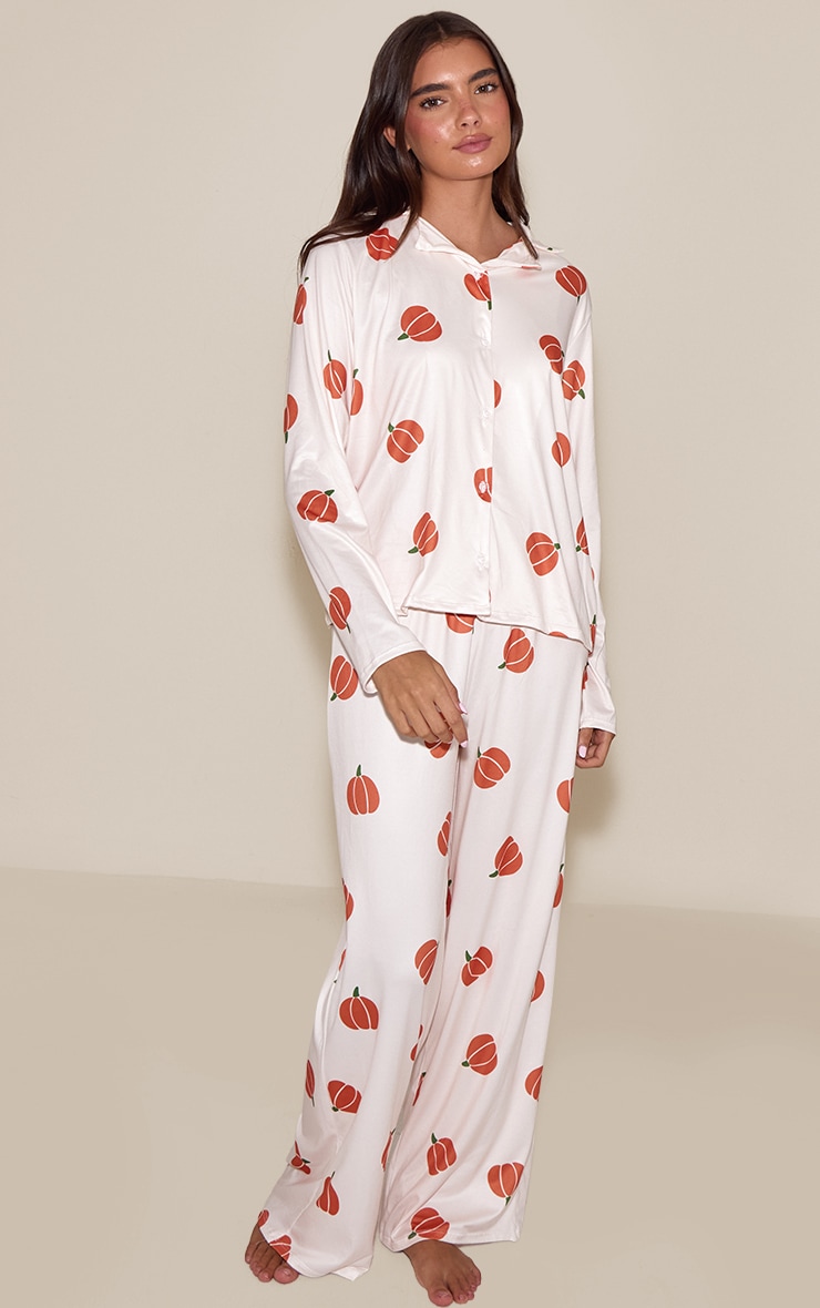 Cream Pumpkin Printed Long Sleeve Button Through PJ Set image 3