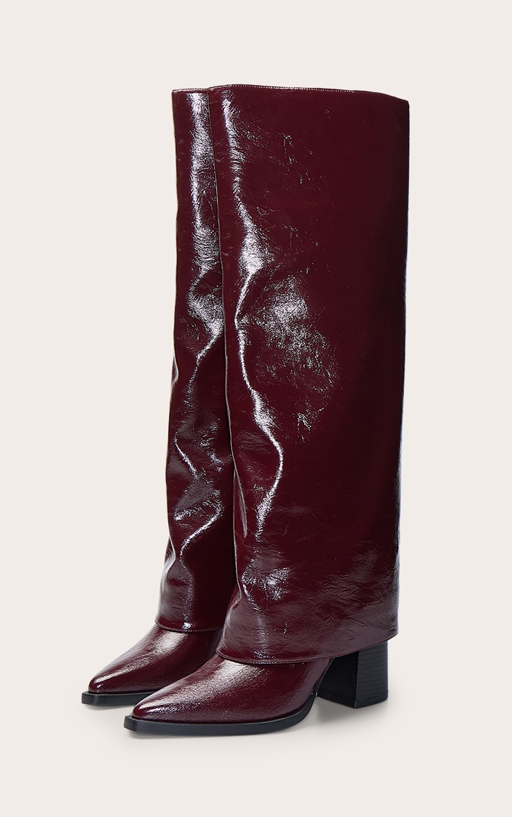 Bottes repliées en PU crêpé bordeaux à talon carré image 3