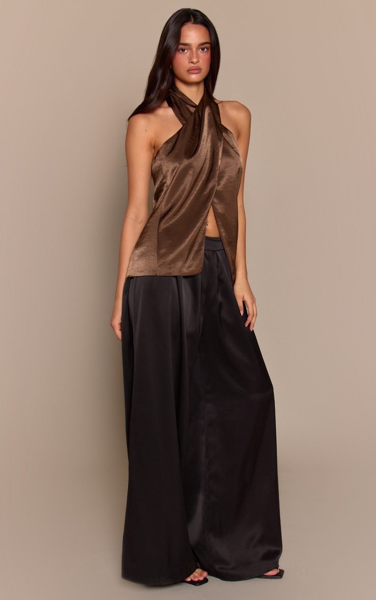 Khaki Satin Wrap Front Halterneck Top