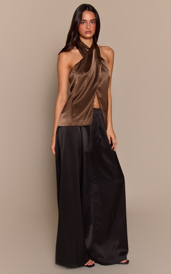 Khaki Satin Wrap Front Halterneck Top