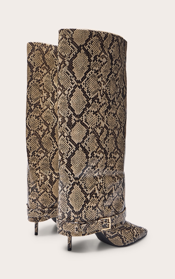 Snake Fold Over Buckle Detail Knee High Heeled Boot image 4