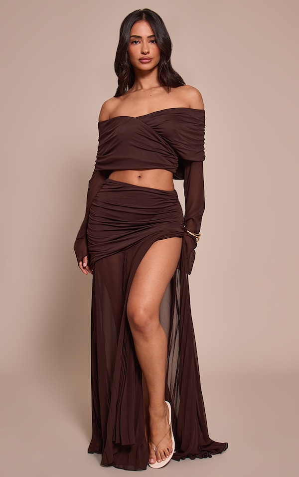Petite Chocolate Godet Pleat Sheer Maxi Skirt 