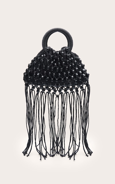 Black Beaded Weave Bucket Bag