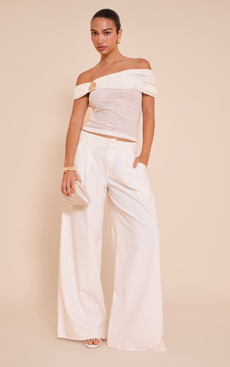 Cream Textured Trim Detail Bardot Top image 3
