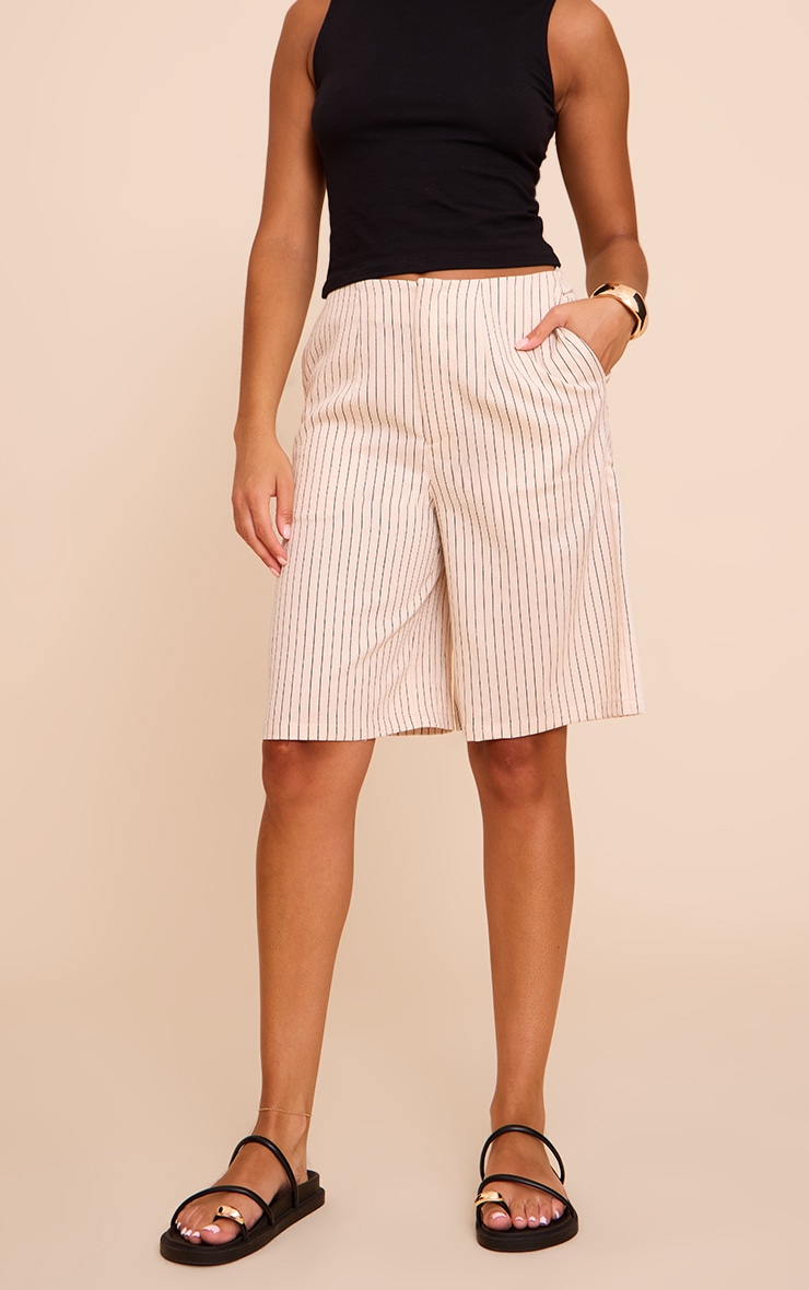 Beige Pinstripe Lightweight Longline Shorts image 2