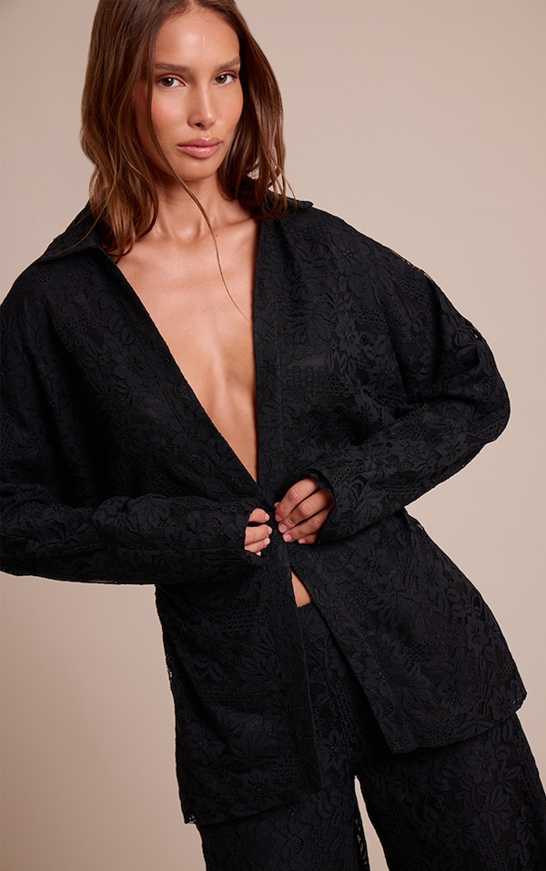 Black Lace Cinched Plunge Shirt