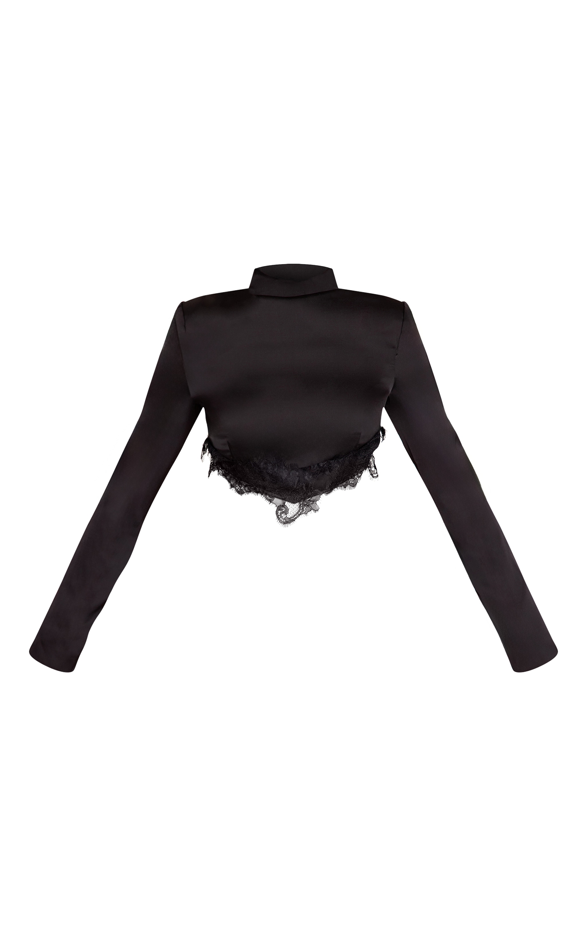 Black Satin Lace Trim High Neck Long Sleeve Top image 5
