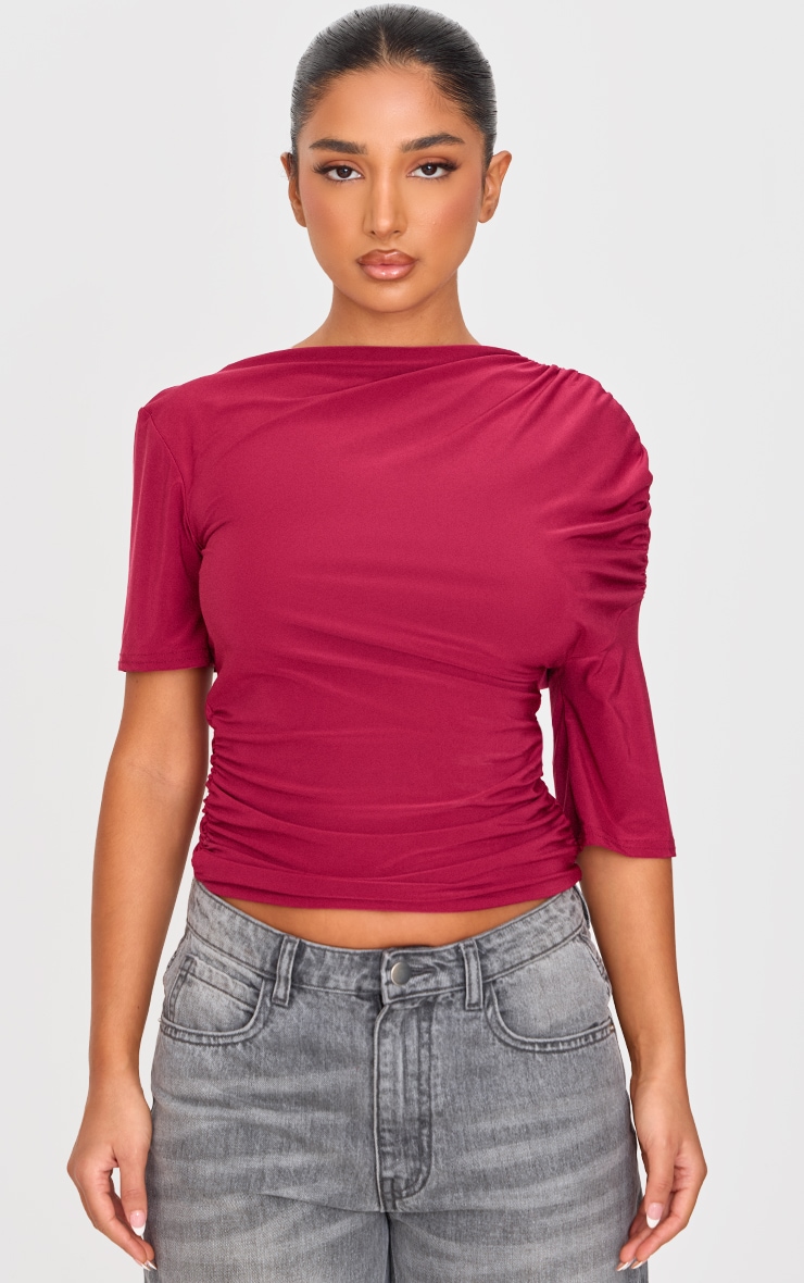 Petite Burgundy Double Slinky Ruched Short Sleeve Top image 1