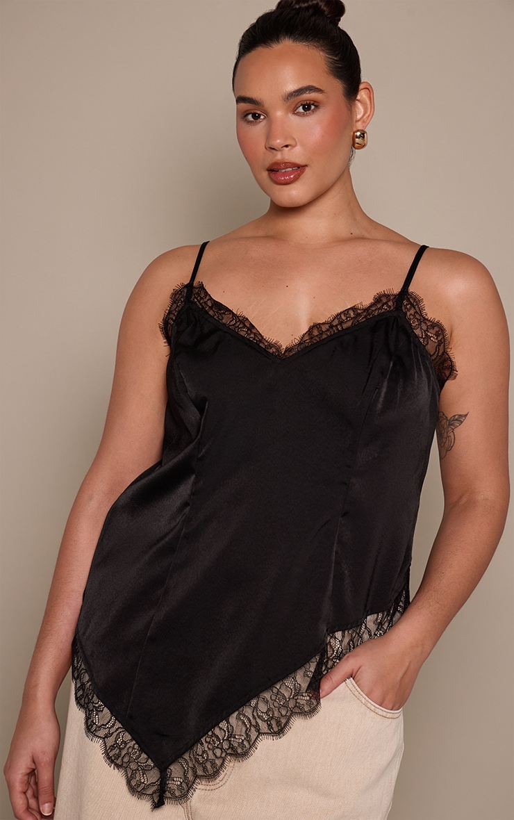 Plus Black Lace Detail Strappy Asymmetric Cami Top