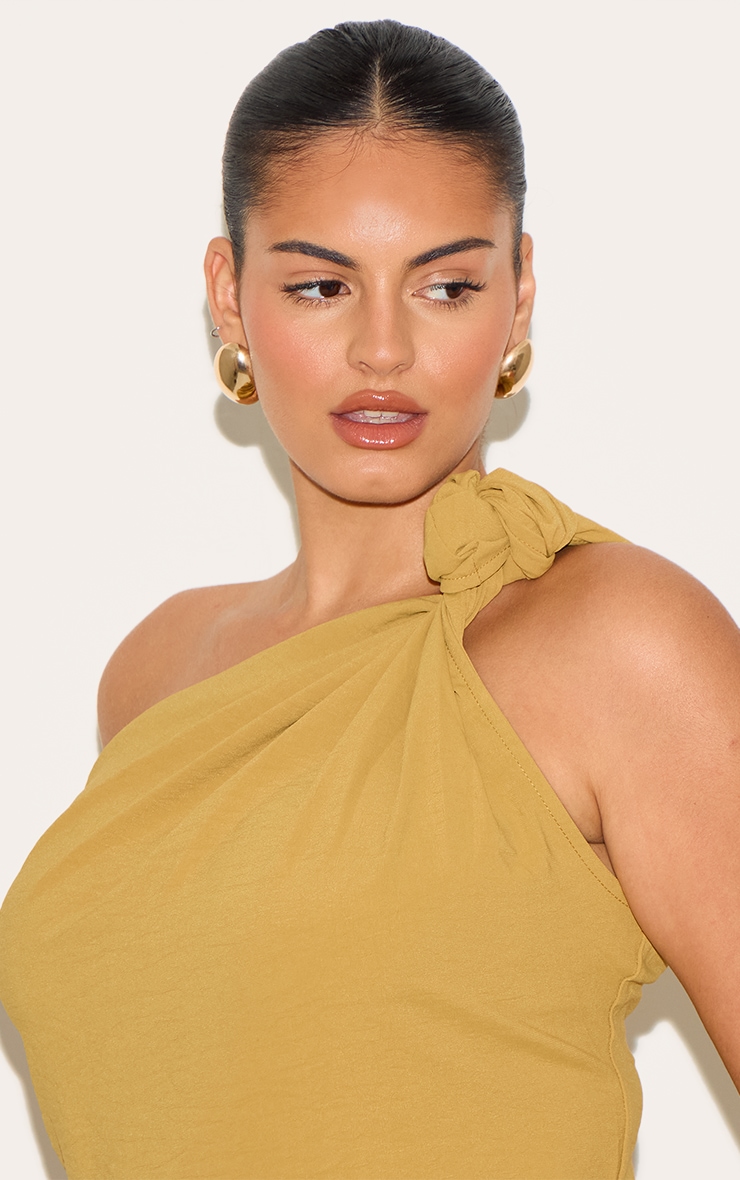 Plus Deep Mustard Floaty Woven One Shoulder Knot Detail Top image 4