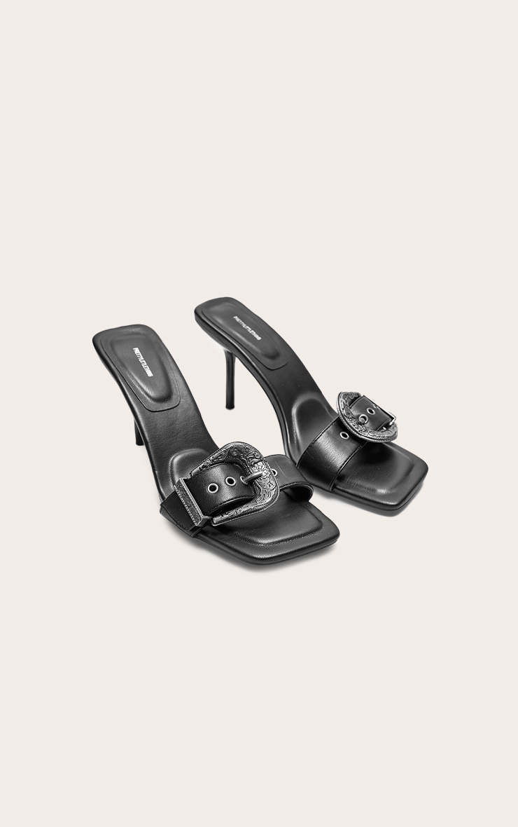 【in a row】Buckle Stiletto Mule Black Western Buckle High Stiletto Heeled Mules | Footwear