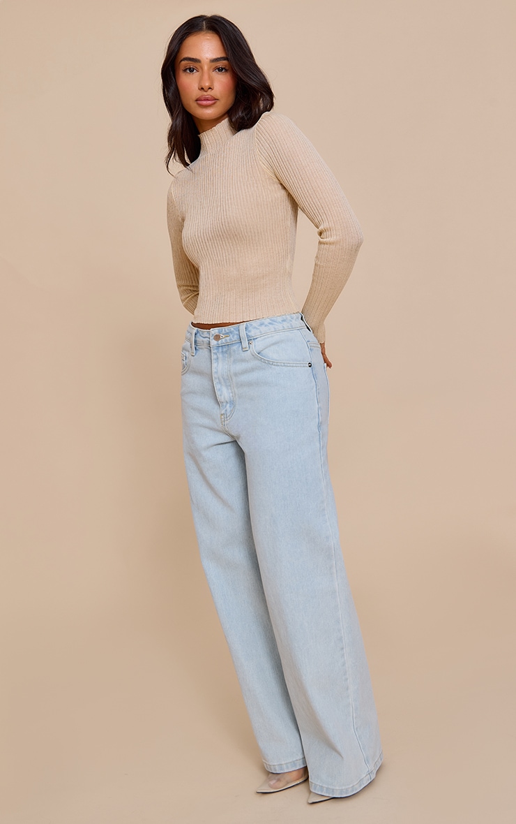 Petite Cream Sheer Knit Long Sleeve High Neck Top image 3