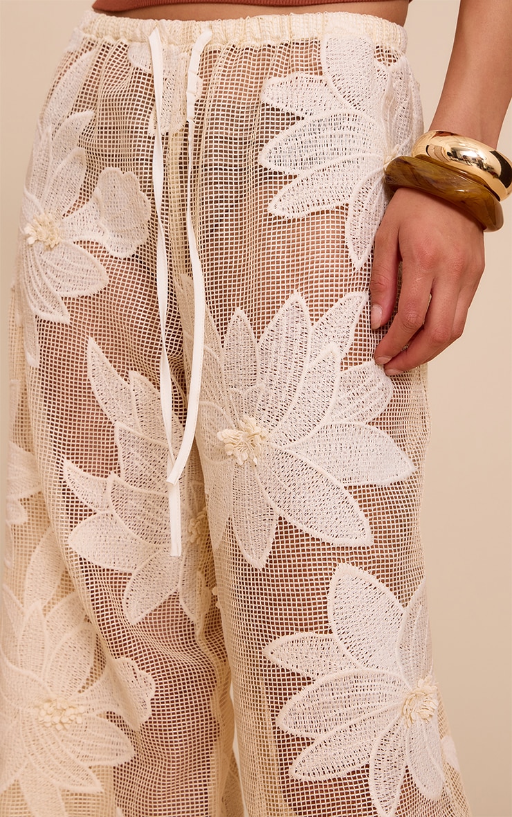 Beige Textured Flower Detail Wide Leg Pants image 4