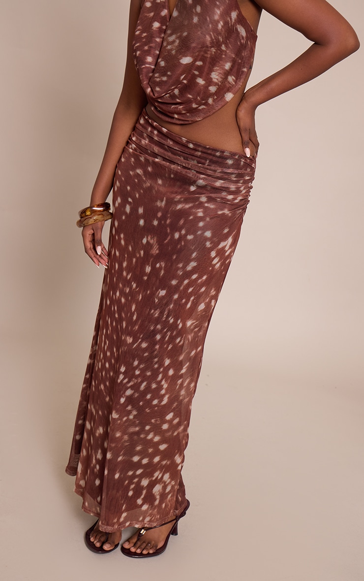 Brown Abstract Print Mesh Maxi Skirt image 2