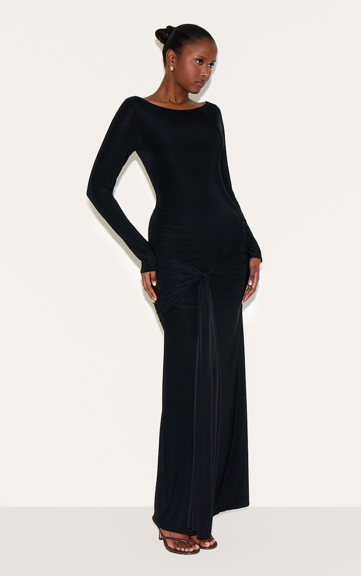 Black Double Layer Slinky Drop Waist Knot Detail Maxi Dress image 4