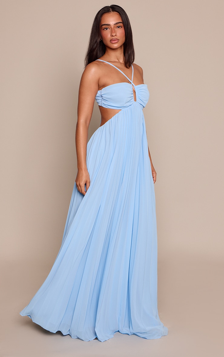 Petite Baby Blue Pleated Tie Front Cut Out Waist Bandeau Maxi Dress