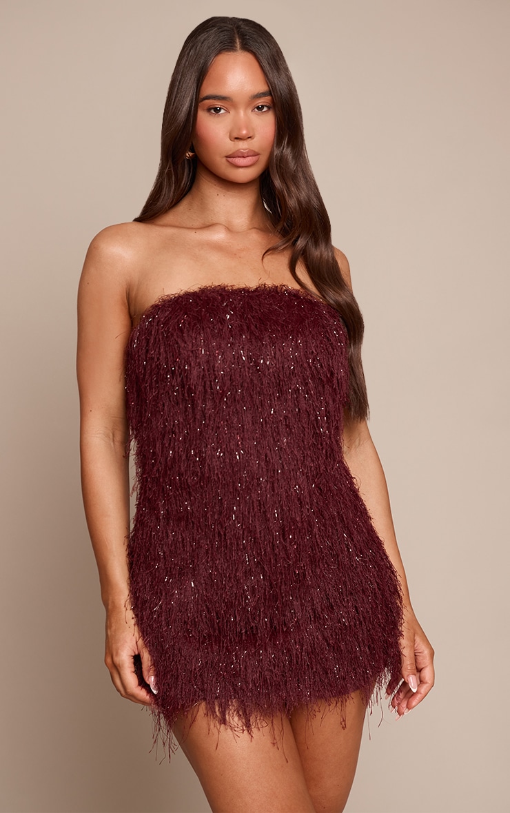 Burgundy Glitter Fringe Bandeau Bodycon Dress image 1