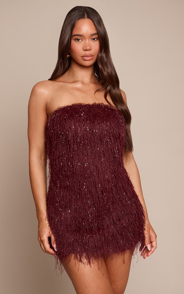 Burgundy Glitter Fringe Bandeau Bodycon Dress