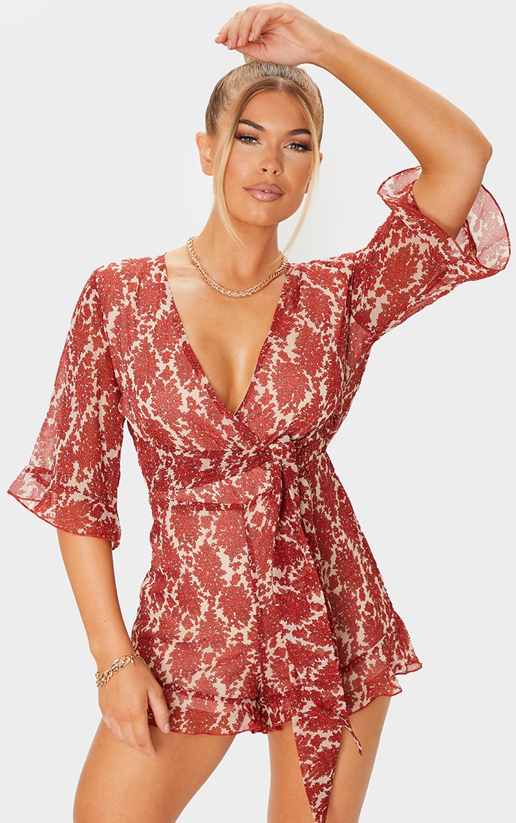 Rust Floral Print Chiffon Tie Waist Wrap Playsuit