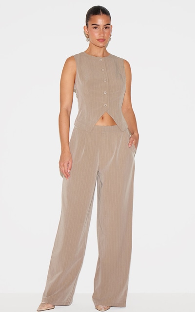 Beige Tailored Pinstripe Wide Leg Pants