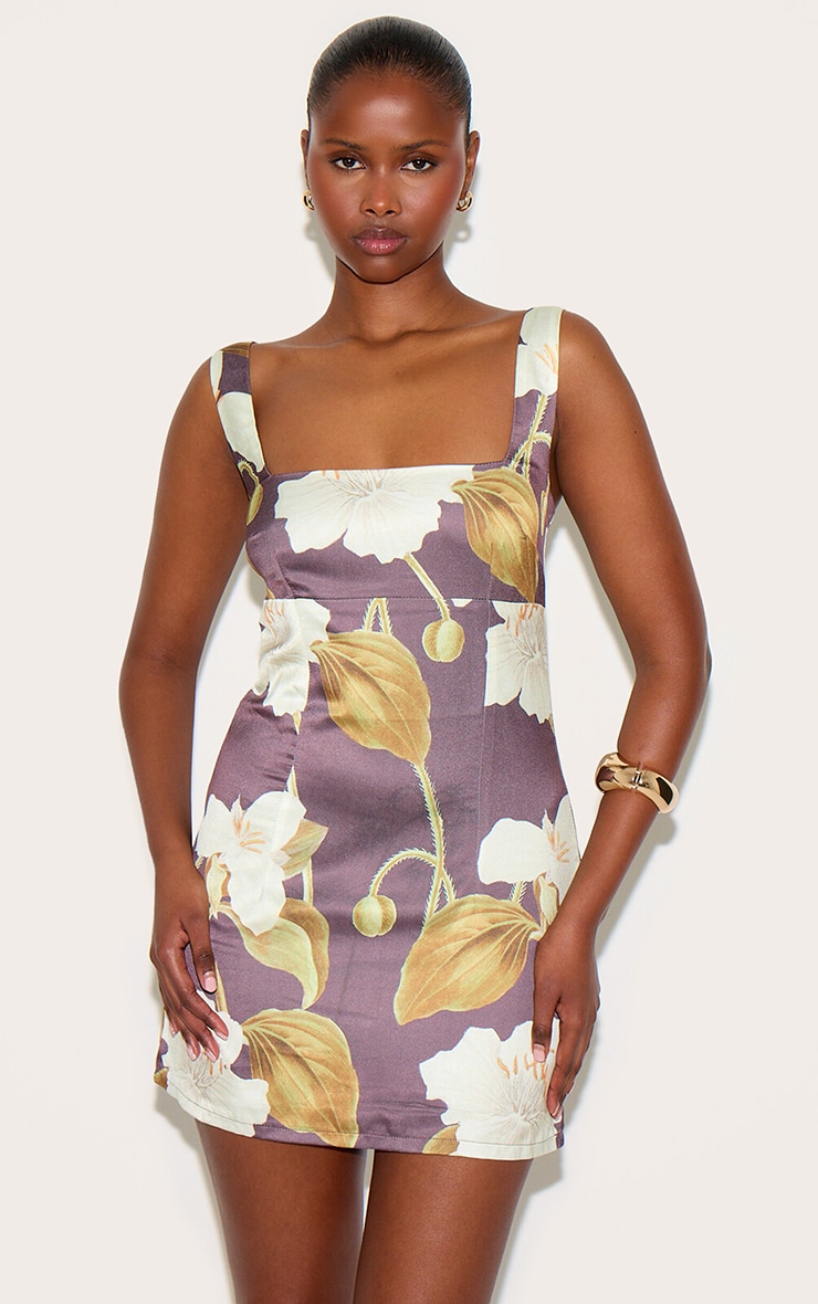 Olive Satin Floral Print Mini Dress image 3