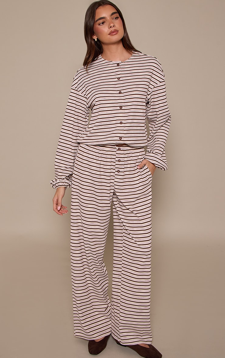Dark Brown Stripe Soft Rib Relaxed Button Up Top image 3