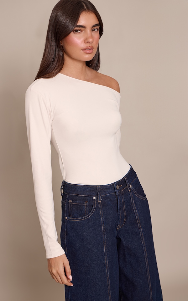Cream Ultra Soft Asymmetric Long Sleeve Bodysuit  
