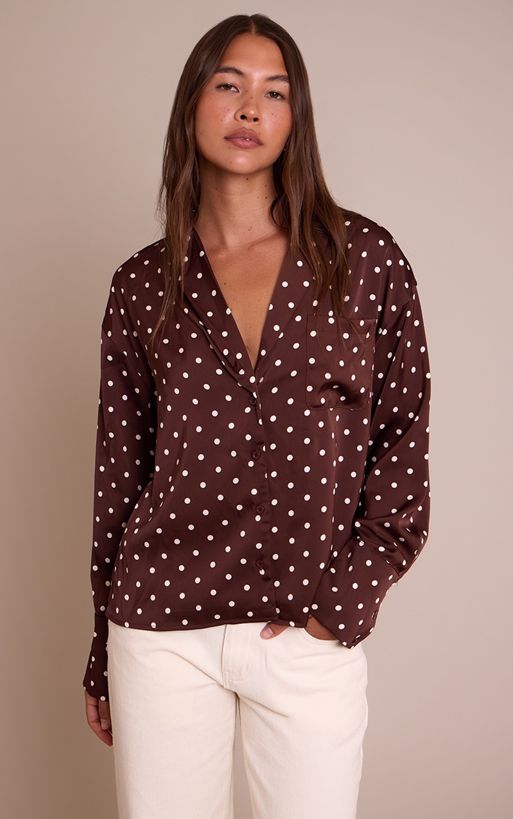 Chocolate Polka Dot Satin Long Sleeve Shirt image 1