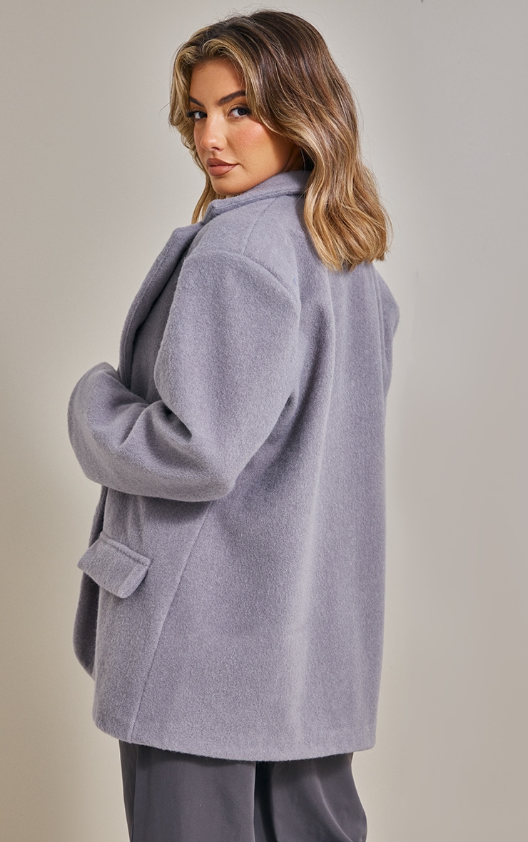 Grey Brushed Wool Longline Oversized Curved Hem Blazer image 2