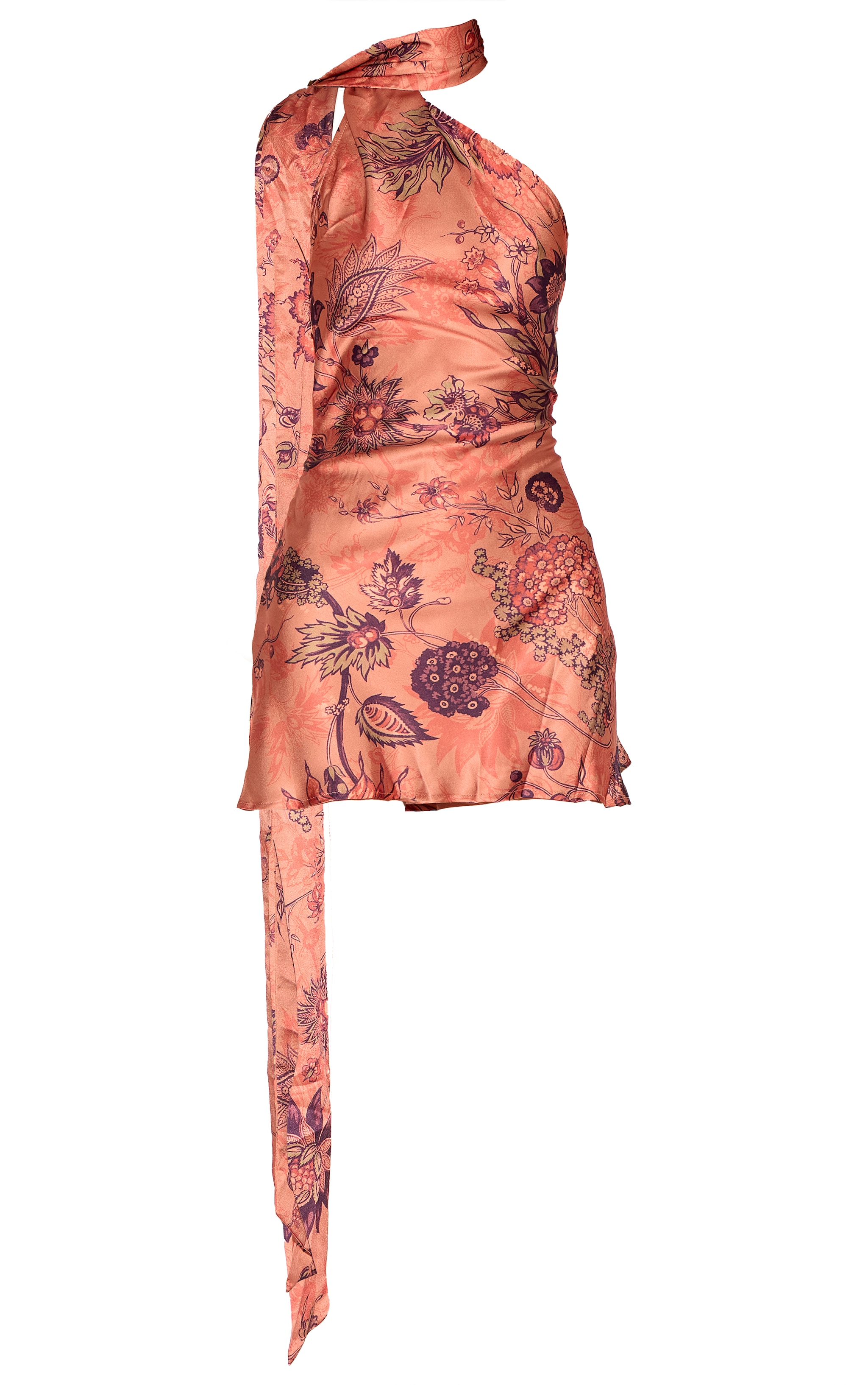 Orange Floral Printed Satin Scarf Detail Bodycon Dress image 5