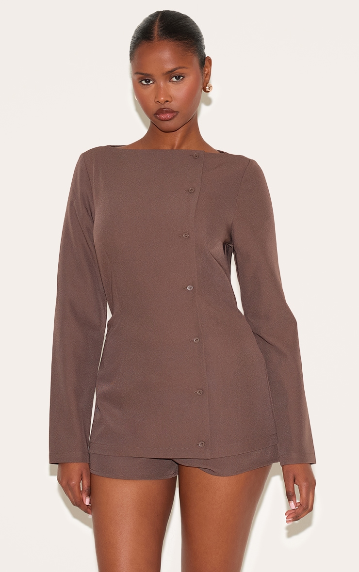 Chocolate Woven Boat Neck Button Tailored Skort Romper image 1